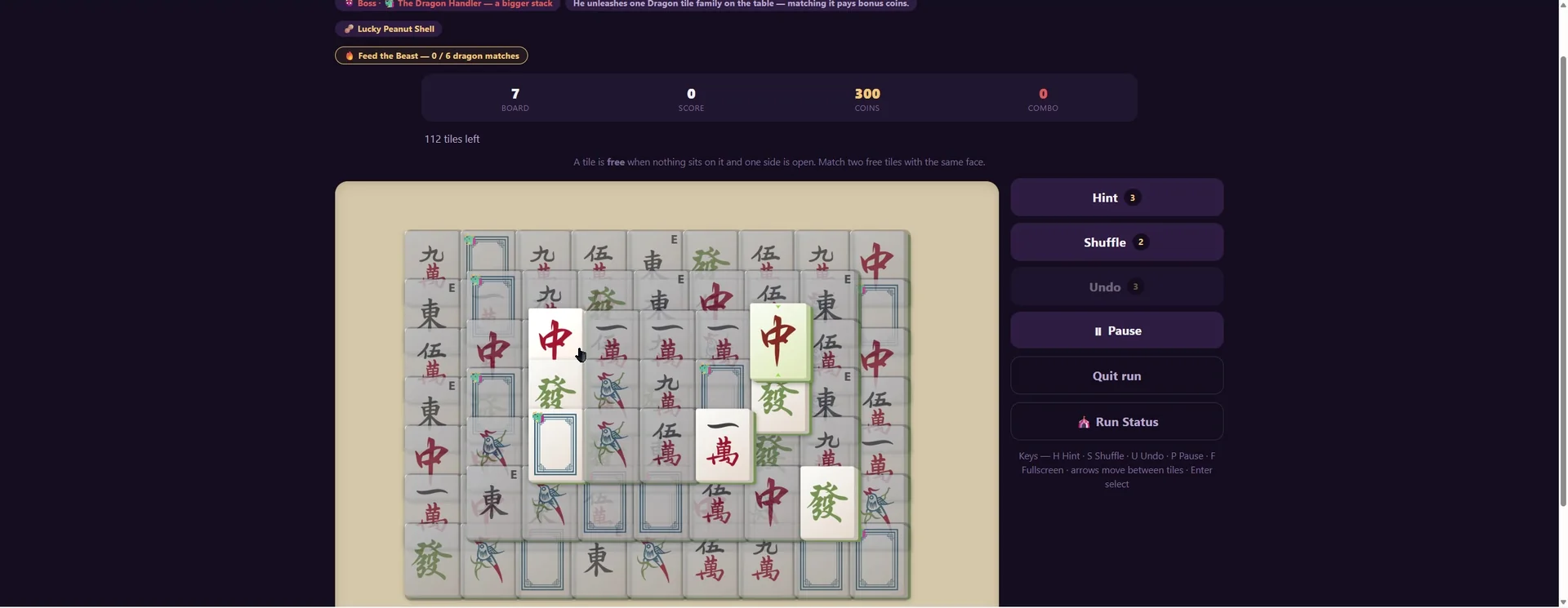 Mahjong Midnight gameplay during a Dragon Handler boss run with a layered mahjong board