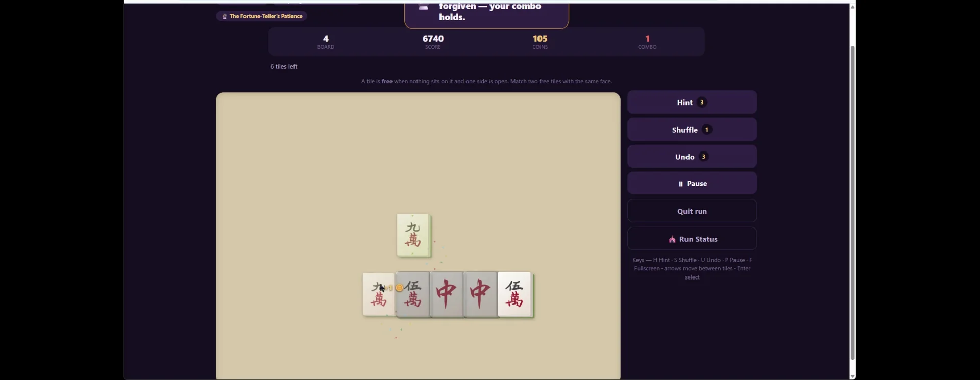 Mahjong Midnight near the end of a board with only several tiles remaining