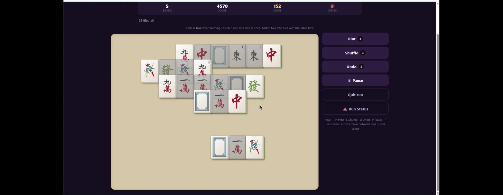 Mahjong Midnight mid-run gameplay with a partially cleared tile layout
