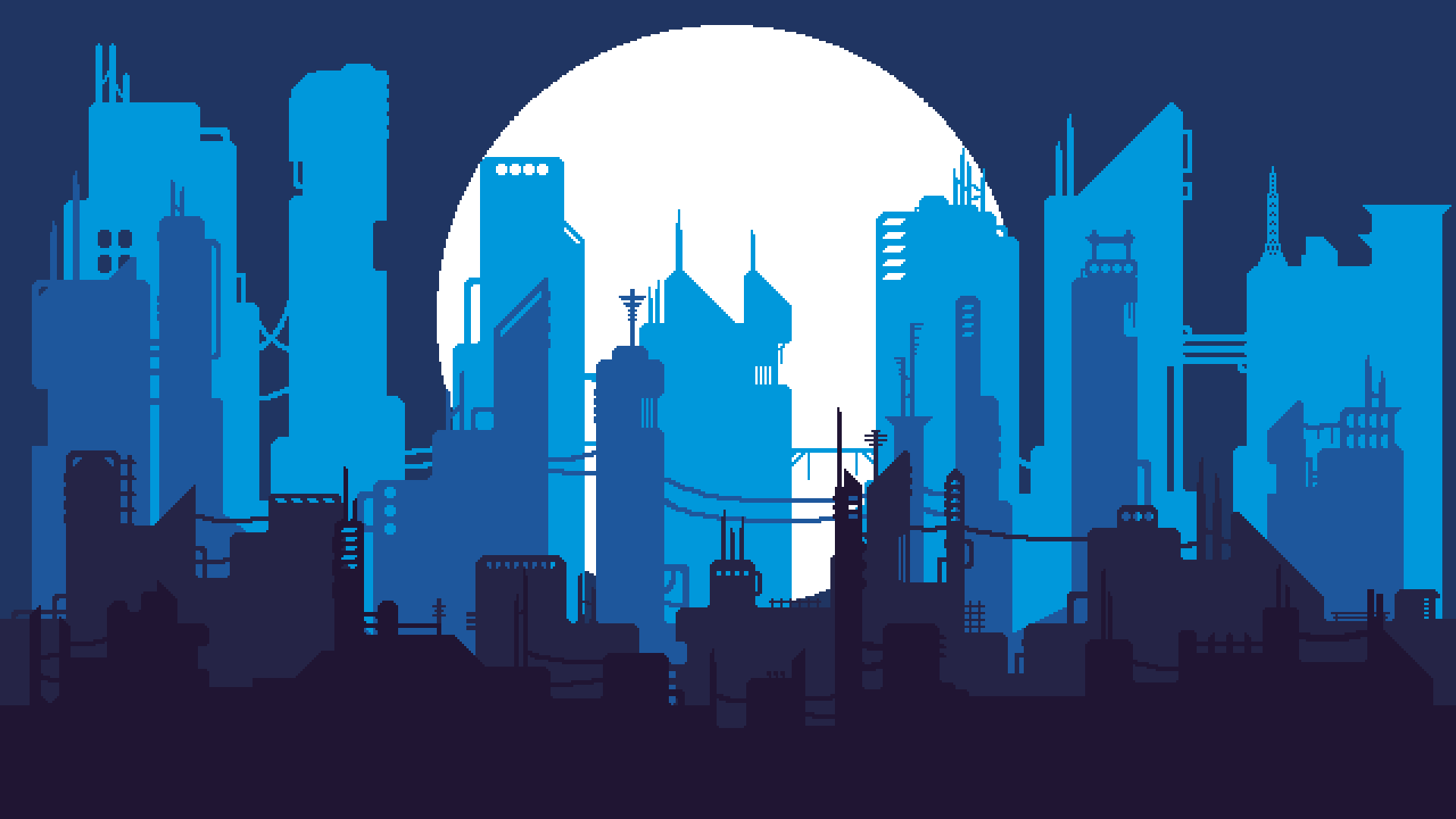 A blue city skyline beneath a full moon