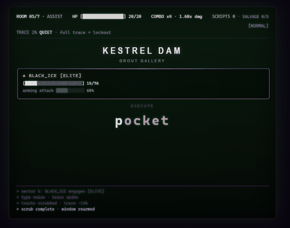The same fight later: BLACK_ICE is down to fifteen health, the combo counter reads four for 1.60 times damage, and the word pocket is being typed.
