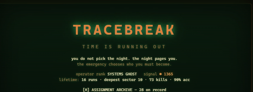 The Tracebreak title screen, showing the game name above the line Time Is Running Out.