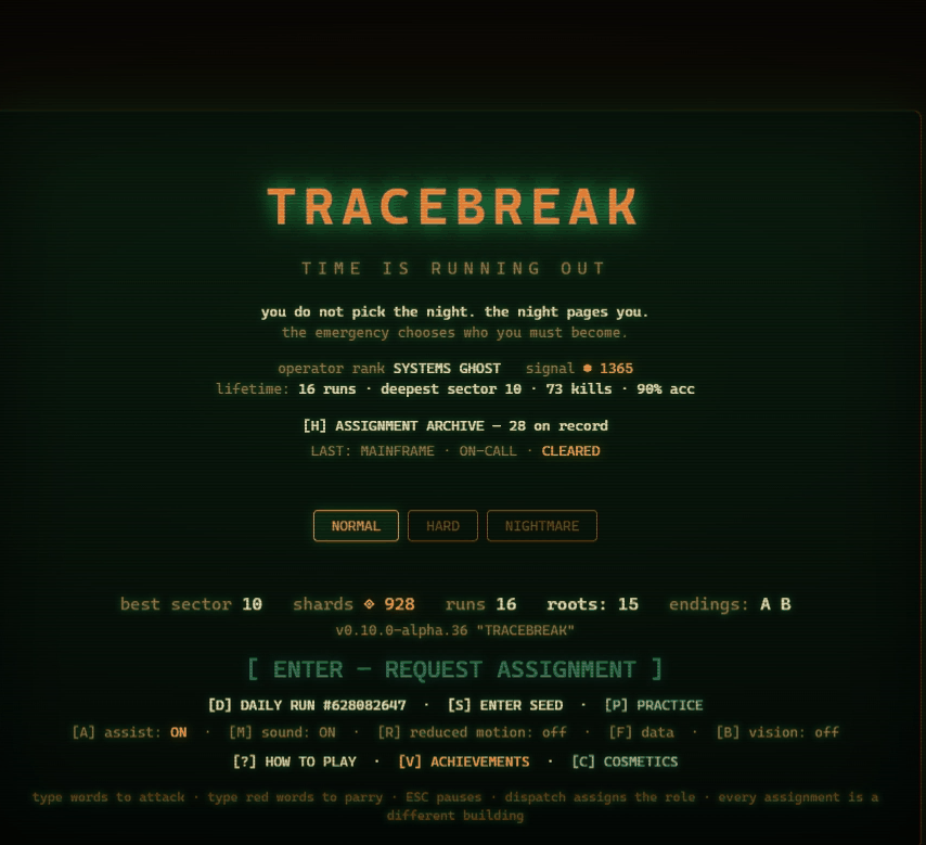 The Tracebreak title screen: the word TRACEBREAK in amber above the line TIME IS RUNNING OUT, with operator statistics and difficulty options below.